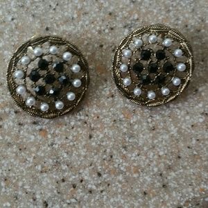 Pearl & black crystal post earrings